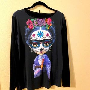 Aye Guey long sleeve black blouse with calavara girl with flowers on head